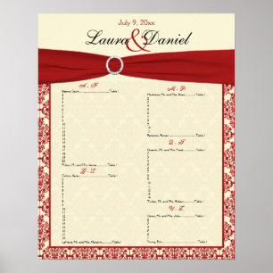 Affiches Carte de siège en crème et en damas rouge