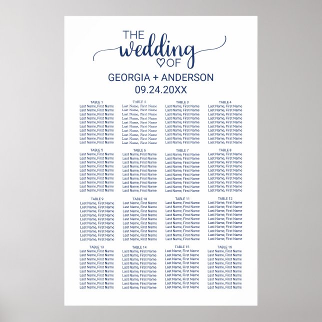 Affiches Carte de siège Mariage en calligraphie simple bleu (Devant)