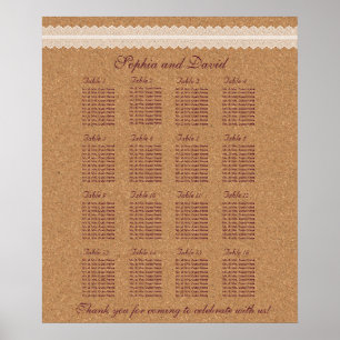 Affiches Carte de siège Mariage en liège à dentelle vintage