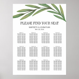 Affiches Carte de siège Mariage Feuille Watercolor Greenery
