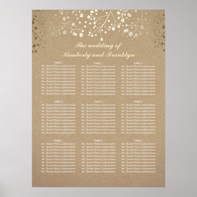 Affiches Carte de siège Mariage Gold Baby's Breath Kraft (Devant)