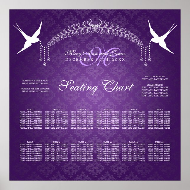 Affiches Carte de siège mariage Oiseaux Monogramme violet (Devant)