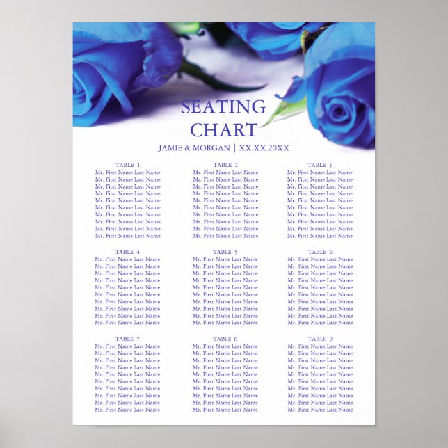 Affiches Carte de siège Mariage Rose bleu romantique (Devant)