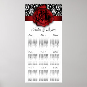 Affiches Carte de siège mariage Rose rouge Damask