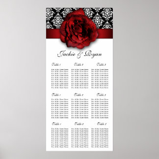 Affiches Carte de siège mariage Rose rouge Damask