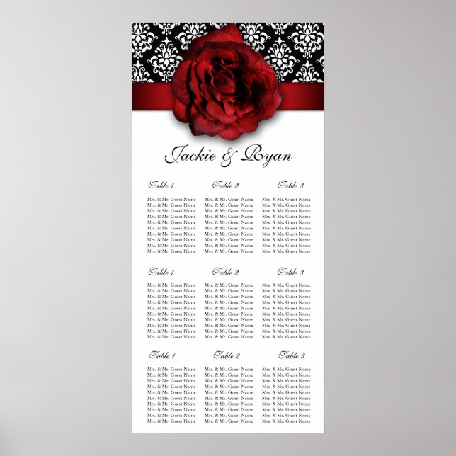 Affiches Carte de siège mariage Rose rouge Damask (Devant)