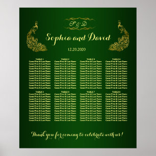 Affiches Carte de siège Mariage Royal Green Gold Peacock