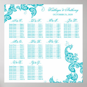 Affiches Carte de siège Mariage Turquoise Paisley Peacock