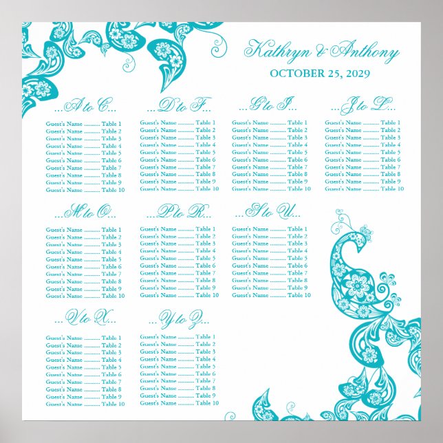 Affiches Carte de siège Mariage Turquoise Paisley Peacock (Devant)