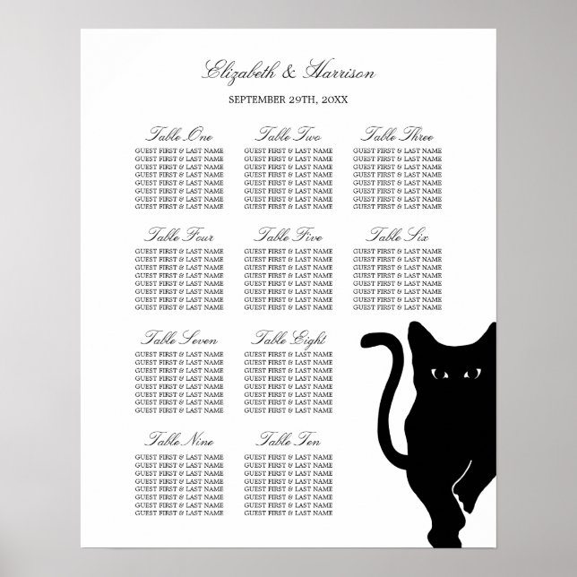 Affiches Carte de siège Mariage Whimsical Black Cat moderne (Devant)