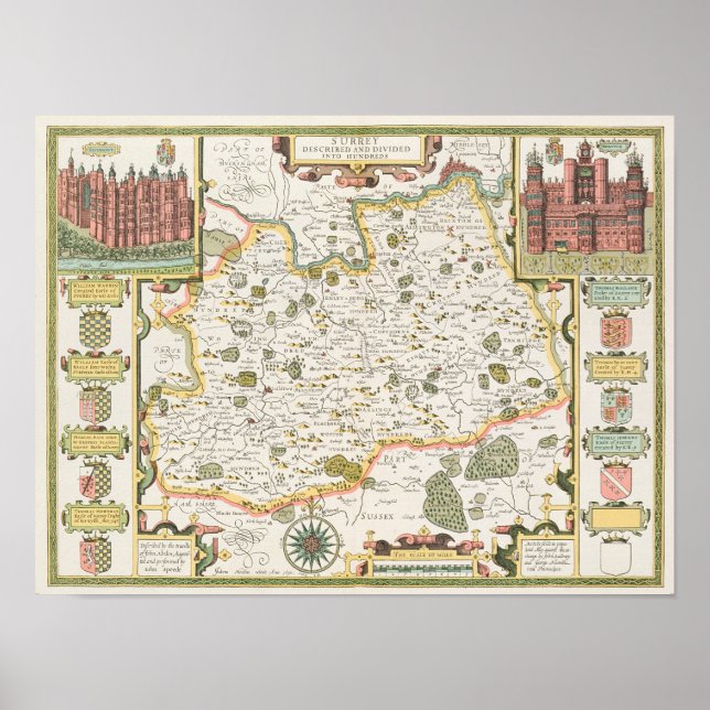 Affiches Carte de Surrey, gravée par Jodocus Hondius (Devant)
