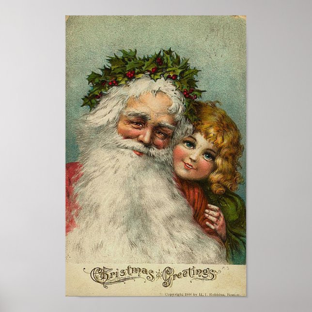 Affiches Carte de voeux père Noël et Little Girl Christmas (Devant)