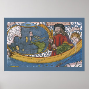 Affiches Carte des Amériques avec Explorer Amerigo Vespucci
