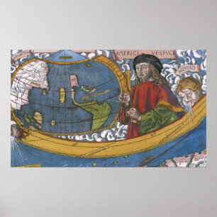 Affiches Carte des Amériques avec Explorer Amerigo Vespucci
