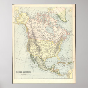 Affiches Carte des années 1890 vintage Amérique du Nord Éta