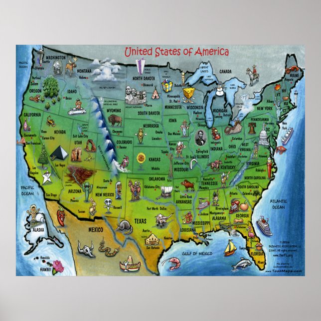 Affiches Carte des caricatures des USA (Devant)