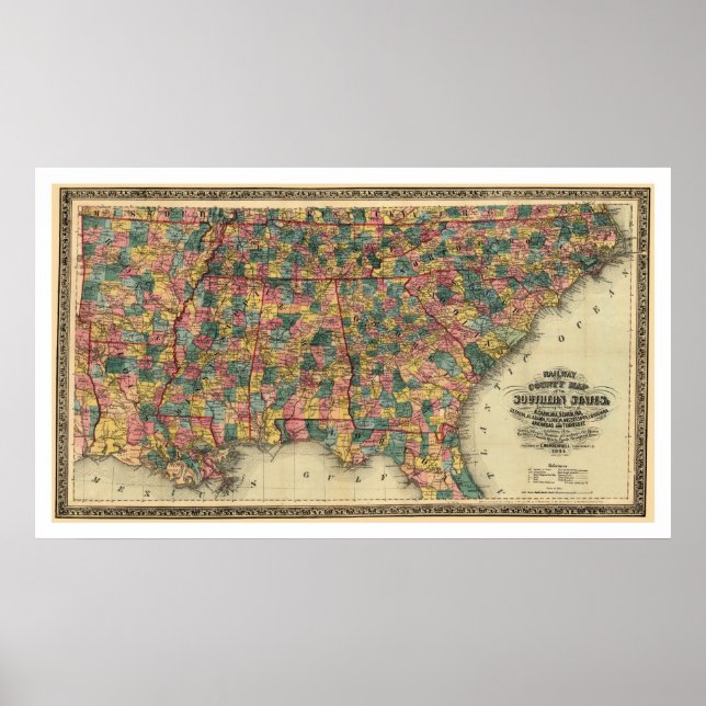 Affiches Carte des chemins de fer des États du Sud 1864 (Devant)
