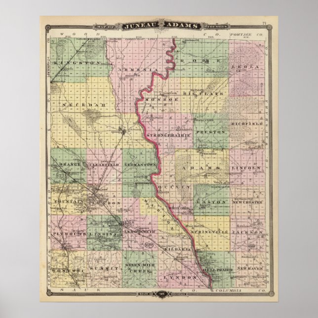 Affiches Carte des comtés de Juneau et d'Adams (Devant)