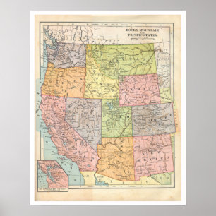 Affiches Carte des États de l'Ouest vintage