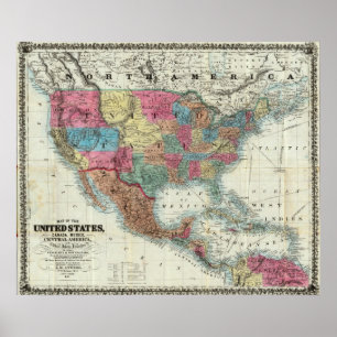Affiches Carte des Etats-Unis, Canada, Mexique