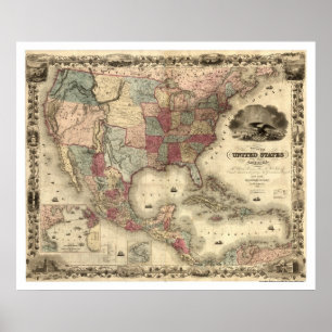 Affiches Carte des États-Unis par Colton 1850