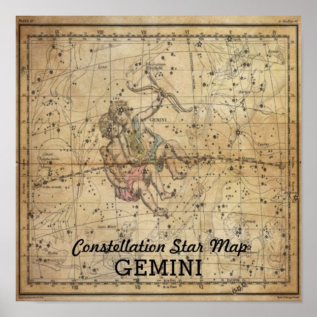 Affiches Carte des étoiles de la constellation Gemini Twins (Devant)