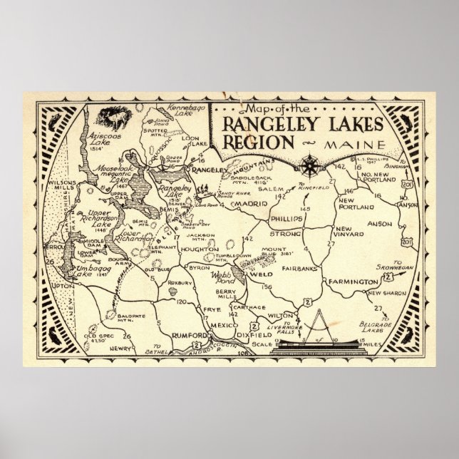 Affiches Carte des lacs Rangeley Maine Vintage (Devant)