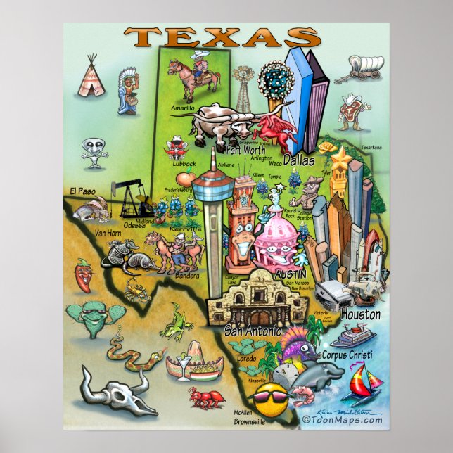 Affiches Carte des loisirs du Texas (Devant)