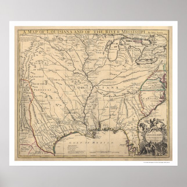 Affiches Carte des premiers États-Unis par Senex 1721 (Devant)