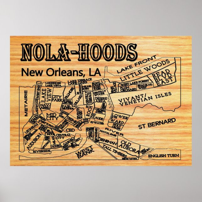 Affiches Carte des quartiers de Nola-Hood New Orleans (Devant)