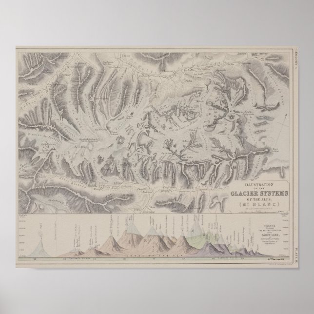 Affiches Carte des systèmes de glaciers des Alpes (Devant)