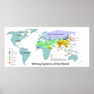 Affiches Carte des systèmes d'écriture de la carte mondiale