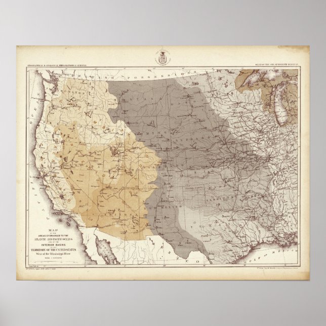 Affiches Carte des zones de drainage aux États-Unis (Devant)