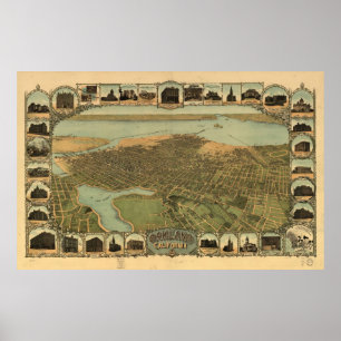 Affiches Carte d'Oakland, Oiseau-Oeil View, 1900