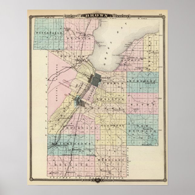 Affiches Carte du comté Brown, État du Wisconsin (Devant)