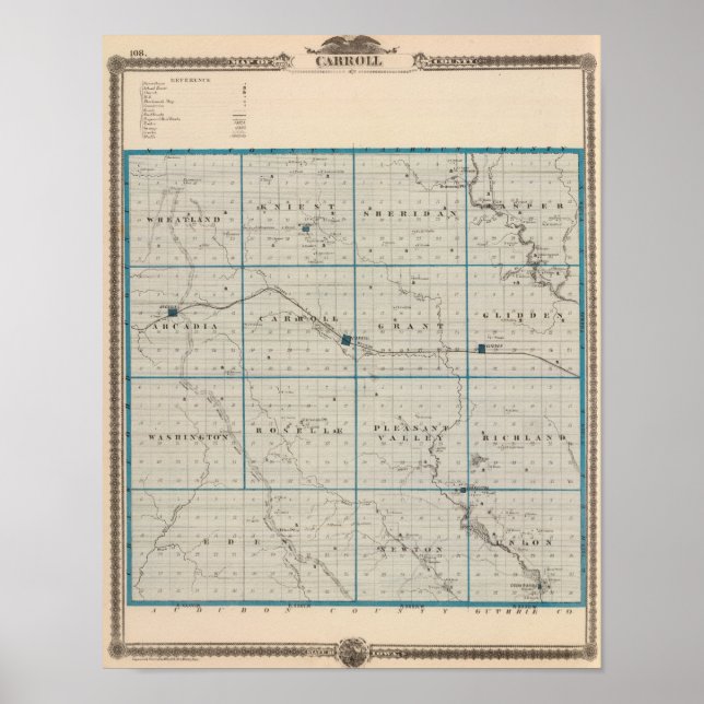 Affiches Carte du comté de Carroll, État de l'Iowa (Devant)