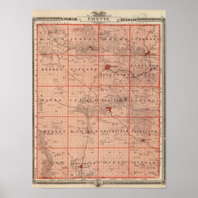 Affiches Carte du comté de Fayette, État de l'Iowa (Devant)