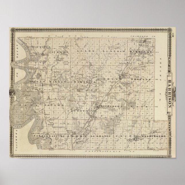 Affiches Carte du comté de Harrison, État de l'Iowa (Devant)