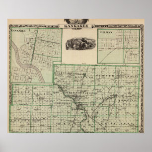 Affiches Carte du comté de Kankakee, de Kankakee et de