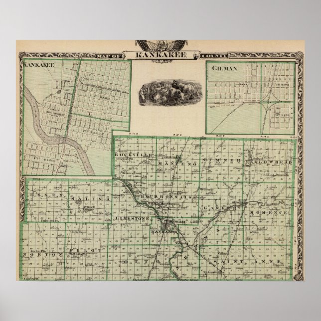 Affiches Carte du comté de Kankakee, Kankakee et Gilman (Devant)