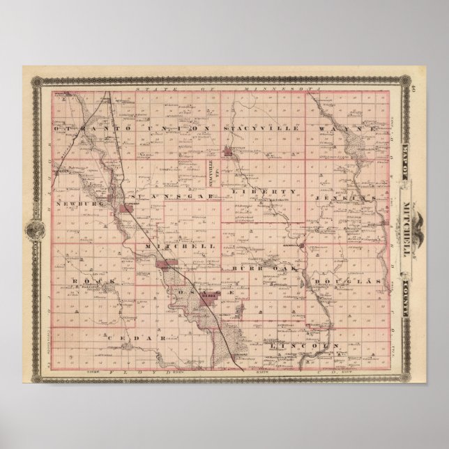 Affiches Carte du comté de Mitchell, État de l'Iowa (Devant)