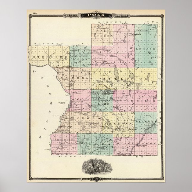 Affiches Carte du comté de Polk, État du Wisconsin (Devant)