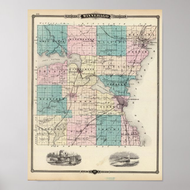 Affiches Carte du comté de Winnebago, État du Wisconsin (Devant)