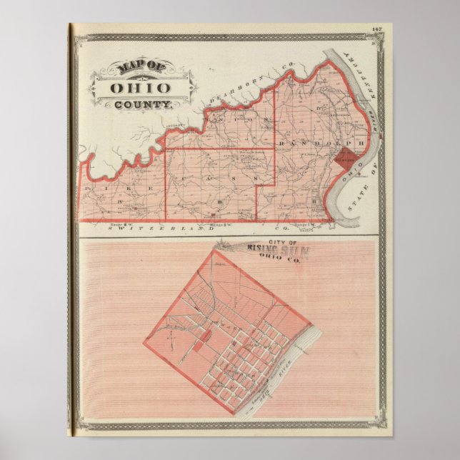 Affiches Carte du comté d'Ohio avec la ville de Rising Sun (Devant)
