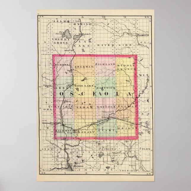 Affiches Carte du comté d'Osceola, Michigan (Devant)