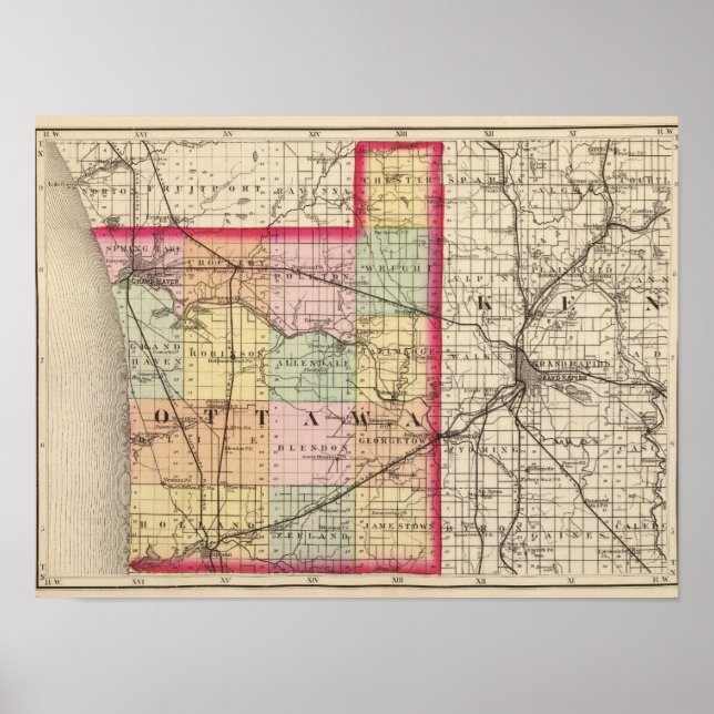 Affiches Carte du comté d'Ottawa, Michigan (Devant)