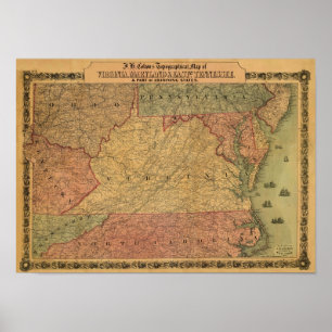 Affiches Carte du cru 1861 de la Virginie, du Maryland et