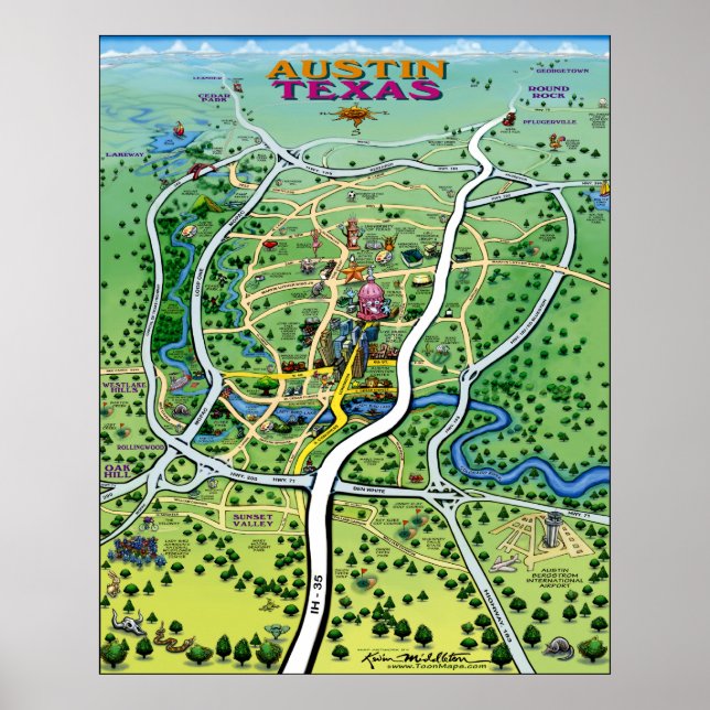 Affiches Carte du dessin animé Austin Texas (Devant)