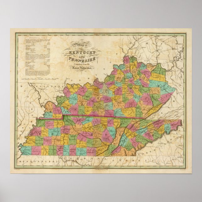 Affiches Carte du Kentucky et du Tennessee (Devant)