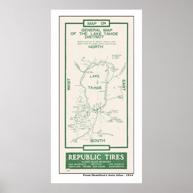 Affiches Carte du lac Tahoe 1914 (Devant)